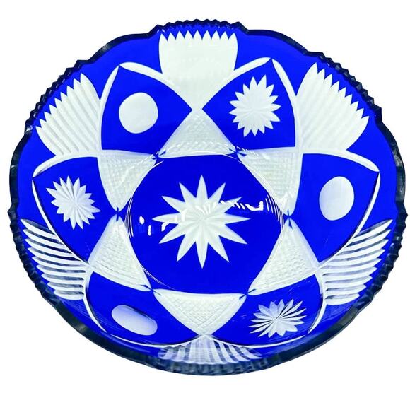 Cobalt Blue Crystal Cut to Clear Bowl with Scallop and Sawtooth Rim ~7.5" Diam